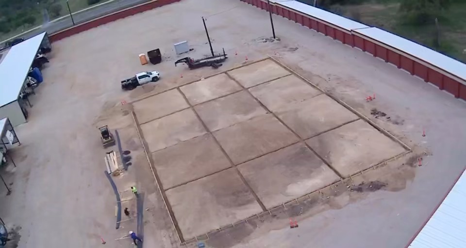 Aerial view of the formed 9,600-square-foot Burnet shop foundation before placement